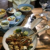 Pad Thai (partly eaten), the African Chickpea Curry and Margaritas. All fabulous! Plus platter starter. at Ikaro Cafe in Santa Marta