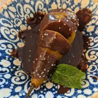 Poached pear with chocolate at Kafe Botanika in San Sebastian