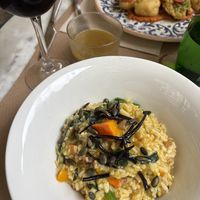 Pumpkin mushroom rice dish (background dish is tempura veggies)  at Kafe Botanika in San Sebastian