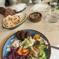 Buddha bowl, babaganoush and burger   at Babaghanoush in Pristina