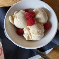 Vegan icecream with raspberries at The Bird Cage in Malmesbury