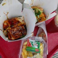 Tofu 2 ways, Spicy Korean and Teriyaki. Nasty little mangoes on the side at Disneyland - Lucky Fortune Cookery in Anaheim