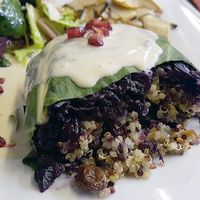 Quinoa wrapped into cabbage next to mushrooms (main dish) - detail at Mariposa in Nuremberg