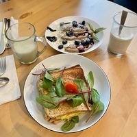 Blueberries pancakes and savory toasties. Matcha and chai latte    at Geh Veg in Berlin