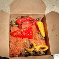 Pasta with fried vegetables (eggplant, peppers, onions) at En Faim Bio in Montpellier