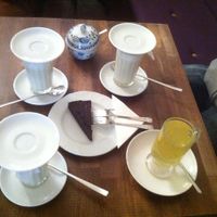 almond milk chai latte and tea, plus vegan brownie at Cafe Freudberg in Berlin