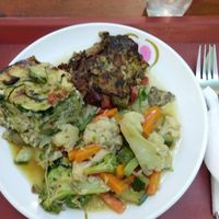 3-choice meal: mixed veggies, squash pie, "burger" at Green Vitality in Santiago