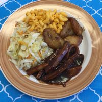 Jerk chicken, mac and cheese, plantains, and cabbage... at Just 4 U Vegan Market in Fitzgerald