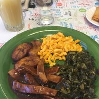 jerk chicken, plantains, greens, and oh so awesome mac and cheese at Just 4 U Vegan Market in Fitzgerald