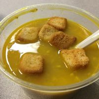 Yellow Lentil Soup with Baked Croutons at Appu's Cafe in Long Beach