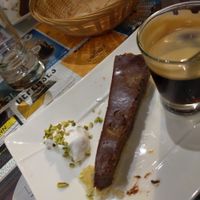 chocolate caramel tarte (mini version) and coffee. at Mezzaluna in Saint-laurent-blangy