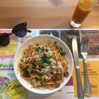Special of the day - linguini with vegetables in a peanut sauce with house made Parmesan  at Mezzaluna in Saint-laurent-blangy