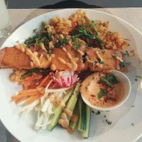 Indonasian inspired dish : tofu and mushrooms brochette, gado gado salad and braised rice at Mezzaluna in Saint-laurent-blangy