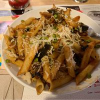 Penne with courgettes & pistachios at Mezzaluna in Saint-laurent-blangy