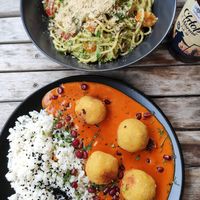 Kofta in tomato sauce and pasta pesto at Restauracja Ciasna in Torun
