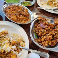 Aloo Gobi and Vegetable curry with onion snack. at Suprabhat in Austin