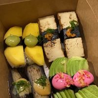 Nigiri - clockwise from top left: mango; tofu; eggplant; avacado at Shizen Vegan Sushi Bar in San Francisco