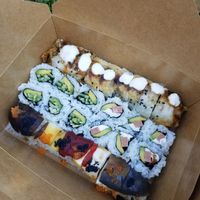 Left to right: Proud Peacock roll, Cucumber Avocado roll, Philadelphia roll, and Hidden Agenda at Shizen Vegan Sushi Bar in San Francisco