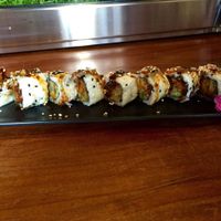 Hidden Agenda Roll (tempura eggplant, bell pepper, zucchini, carrot, yellow onion, fried garlic). at Shizen Vegan Sushi Bar in San Francisco