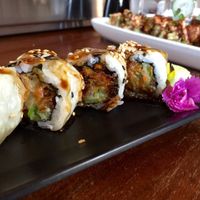 Hidden Agenda Roll (tempura eggplant, bell pepper, zucchini, carrot, yellow onion, fried garlic). at Shizen Vegan Sushi Bar in San Francisco
