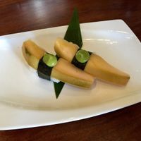Green Mango Nigiri (with sweet ume vinegar, avocado crema). at Shizen Vegan Sushi Bar in San Francisco