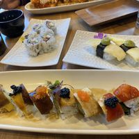 Peacock roll, Philadelphia roll, mango nigiri  at Shizen Vegan Sushi Bar in San Francisco