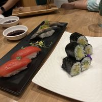 Avocado roll (great) tomato nigiri (good) eggplant nigiri (great)  at Shizen Vegan Sushi Bar in San Francisco