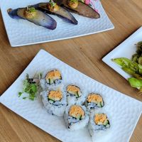Spicy tofuna roll and eggplant nigiri at Shizen Vegan Sushi Bar in San Francisco