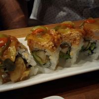 Secret Weapon (eryngii mushroom tempura, avocado, spicy shredded tofu, torched jalapeno, pickled pineapple, habanero sauce) at Shizen Vegan Sushi Bar in San Francisco