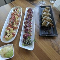 Three of their specialty rolls (left to right): plot twist, colonel's pipe, and hidden agenda at Shizen Vegan Sushi Bar in San Francisco