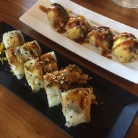 yum hidden agenda makis and ok stuffed shiitake at Shizen Vegan Sushi Bar in San Francisco