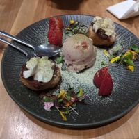 mochi donut and strawberry ice cream at Shizen Vegan Sushi Bar in San Francisco