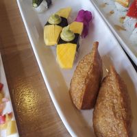 Okra, green mango, and inari nigiri at Shizen Vegan Sushi Bar in San Francisco