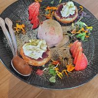 Red bean mochi dessert with ice cream scoop at Shizen Vegan Sushi Bar in San Francisco