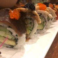 This roll is in the style of a rainbow roll, it’s amazing and lets you try a bunch of the amazing sushi.  at Shizen Vegan Sushi Bar in San Francisco