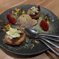 Mochi donut holes with strawberry ice cream at Shizen Vegan Sushi Bar in San Francisco