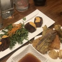 Croquettes and vegetable tempura. Croquettes are delicious at Shizen Vegan Sushi Bar in San Francisco