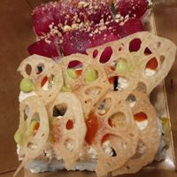 Open Invitation $15
pumpkin tempura, spiced burdock, shredded tofu, tapioca, avocado crema, renkon chips

 at Shizen Vegan Sushi Bar in San Francisco