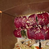 Colonel's Pipe $15
smoked beets, cashews, creamy tofu, asparagus, avocado, sweet mustard, orange zest
 at Shizen Vegan Sushi Bar in San Francisco