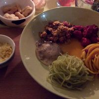Spaghetti with pesto, spaghetti 'carbonara', gniocchi, quinoa, cannoli, and vegan parmesan at Arcobaleno Vegetariano in Milan