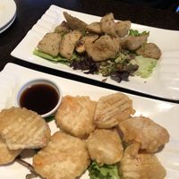 Black pepper oyster mushroom were okay, too chewy for me (top) and the root vegetable tempura was super yummy (bottom) at Jujube Tree in Astoria