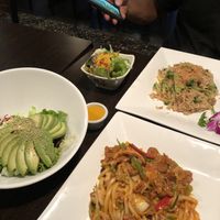 House fried rice (top right), avocado salad (bottom left), and kimichi udon (bottom right)  at Jujube Tree in Astoria