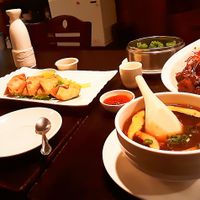 Fried Wantons, Hot and sour soup, Steamed Spinach Shumai and hot Sake.  at Jujube Tree in Astoria