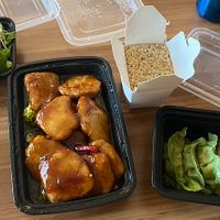 General Tso’s soy protein, veggie dumplings, brown rice and salad  at Jujube Tree in Astoria