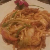 Spicy udon noodles with some extremely realistic "chicken." Tew, Tew good. at Jujube Tree in Astoria