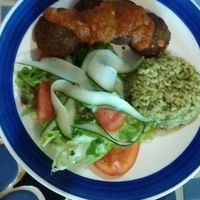 A meal of the day in October 2018. Falafel with tomato sauce, whole grain rice cooked with spinach, and a salad. at Casa Jharikanda in Barranquilla