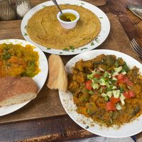 Lentil pancake, zaalouk aubergine and Tirshi (pumpkin) at Marrakech Henna Art Cafe in Marrakech