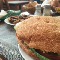 Zaalouk (eggplant in tomato sauce) & vegan sandwich with hummus. at Marrakech Henna Art Cafe in Marrakech