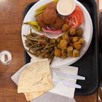 Falafel plate with fried okra and green beans at D's Mediterranean Grill in Waco