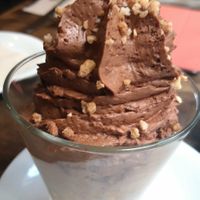 Mousse de chocolate y avellanas con mango at VEGA - Luna in Madrid